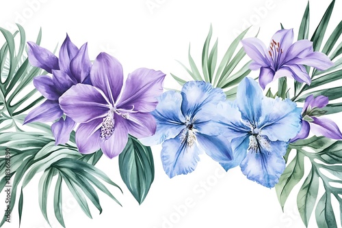 Watercolor Floral Composition – Purple & Blue Orchids, Lilies, Agapanthus with Palm Leaves