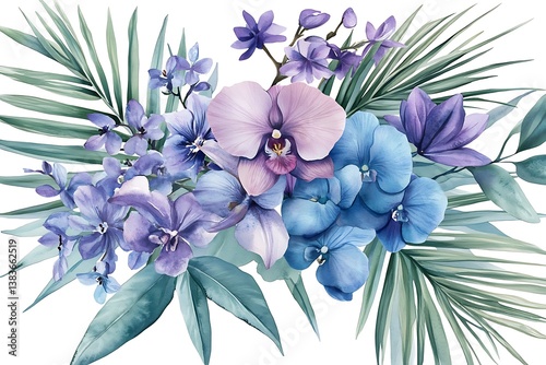 Watercolor Floral Composition – Purple & Blue Orchids, Lilies, Agapanthus with Palm Leaves