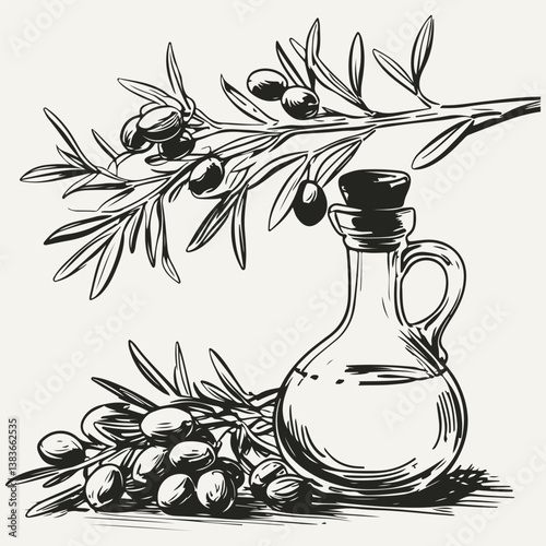 olive oil with branch sketch illustration