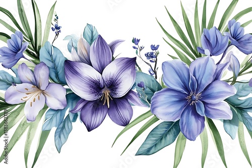 Watercolor Floral Composition – Purple & Blue Orchids, Lilies, Agapanthus with Palm Leaves
