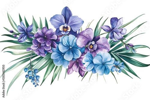Watercolor Floral Composition – Purple & Blue Orchids, Lilies, Agapanthus with Palm Leaves