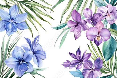 Watercolor Floral Composition – Purple & Blue Orchids, Lilies, Agapanthus with Palm Leaves