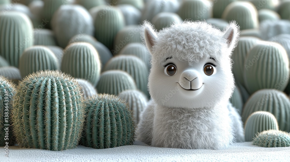 Fototapeta premium Cute llama character smiling among green cacti 