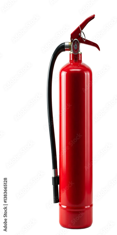 Obraz premium Red fire extinguisher, isolated on a transparent background, png image, showcasing safety equipment for fire prevention and emergency situations