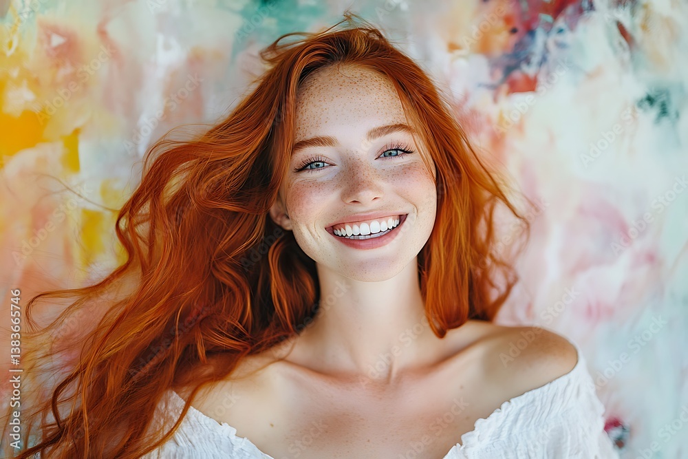 Smiling White Woman with Flowing Red Hair, Soft Pastel Watercolor Backdrop, Dreamy Artistic Portrait
Smiling White Woman with Flowing Red Hair, Soft Pastel Watercolor Backdrop, Dreamy Artistic Portrait