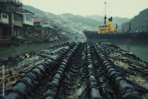 Close-up of damaged corrugation in an urban industrial scene with a large ship and building, showing the consequences of an environmental disaster.