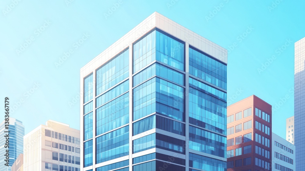 Fototapeta premium Modern glass skyscraper, city skyline, sunny day, urban business