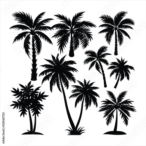 A set of isolated black vector silhouettes of various palm tree designs on a white background