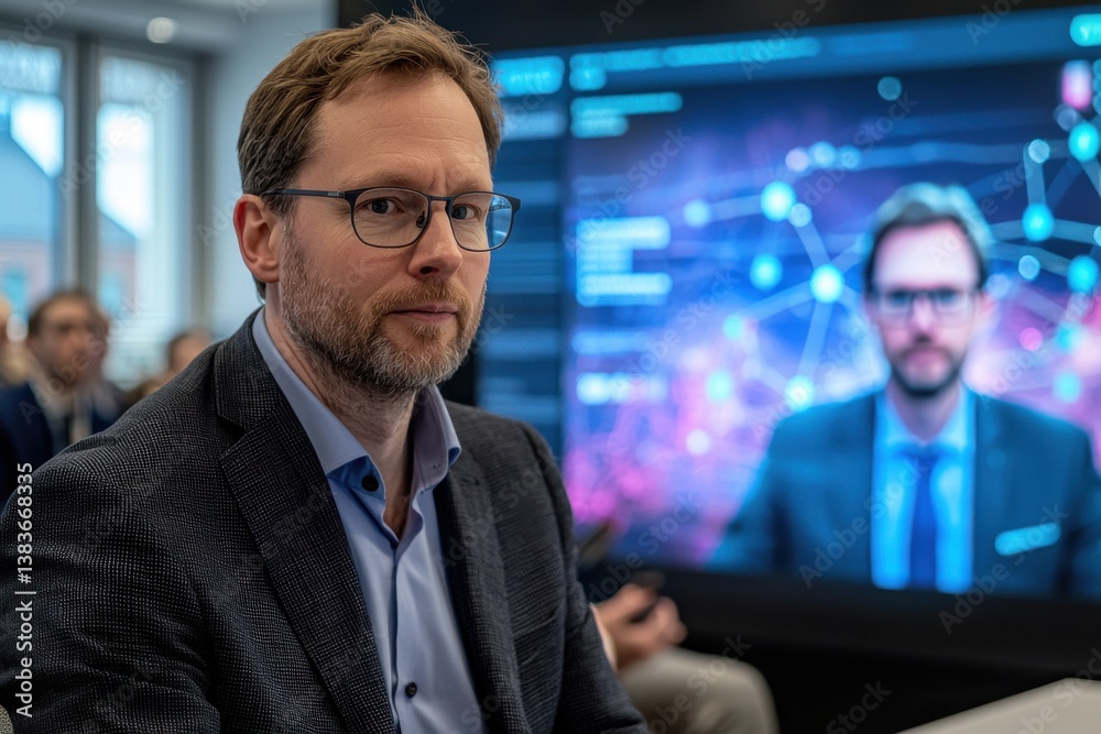 A business professional in a meeting with a digital display showcasing data and insights, focusing on strategic planning, analytics, and corporate decision-making processes. A business professional in a meeting with a digital display showcasing data and insights, focusing on strategic planning, analytics, and corporate decision-making processes.