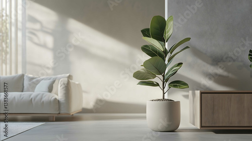 photorealisticRubber Plant Ficus elastica In diferenst interior design decorations BIG LIVING ROOM high ceilings and elegant MODERN MINIMALIST WHITE light photo rea