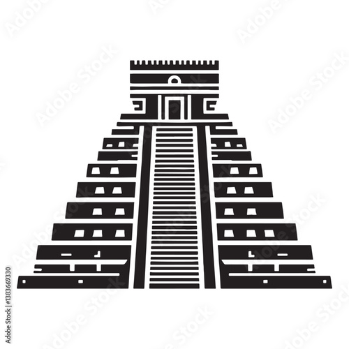 Ancient Mayan Pyramid silhouette, showcasing the stepped design and grandeur – Mayan Temple illustration – Mayan Temple vector – Pyramid monument silhouette

