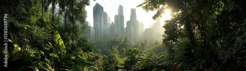 Skyline Silhouette: A breathtaking panorama of towering skyscrapers emerges from a verdant jungle, bathed in the warm hues of the morning sun, symbolizing nature's resurgence and the city's future.