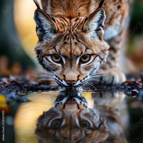A curious lynx drinking water while observing its reflection in a serene setting.