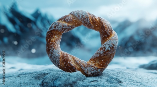A delicious pretzel on a rocky surface in a snowy landscape.