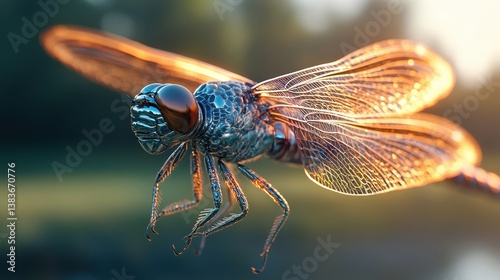A detailed close-up of a vibrant dragonfly in a natural setting.