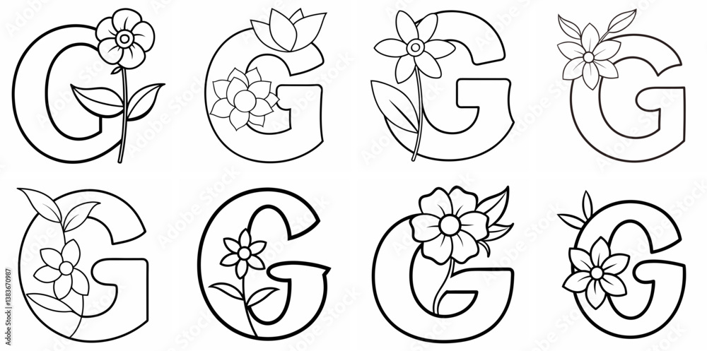 Naklejka premium Alphabet G with Flower Outline Coloring Book Page Line Art Drawing Set White Background