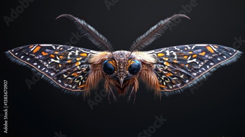 A detailed view of a colorful moth against a dark background.