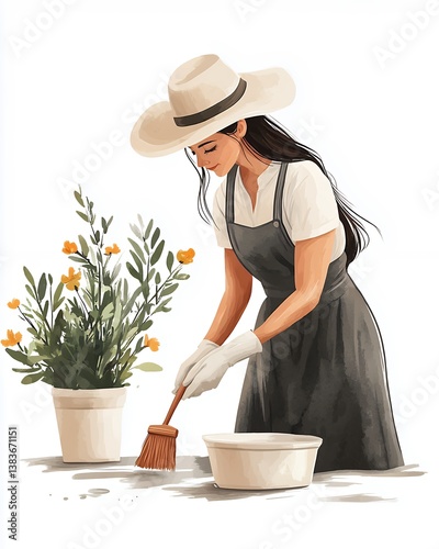 Colorful Illustration of a Person Cleaning a Room With Care