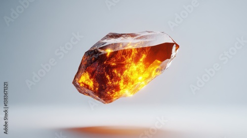 A glowing amber crystal floating against a minimalistic background, showcasing its brilliance.