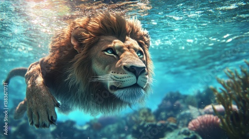 A lion swimming gracefully in vibrant underwater surroundings.
