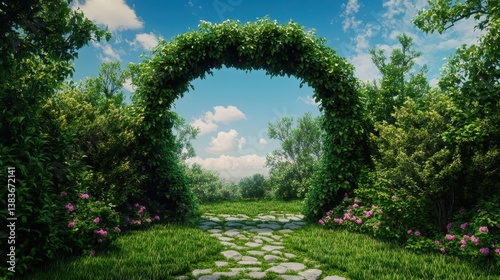 A lush garden archway with greenery and blue sky above.