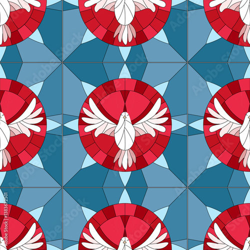 White dove symbol of the holy spirit to Pentecost stained glass seamless pattern