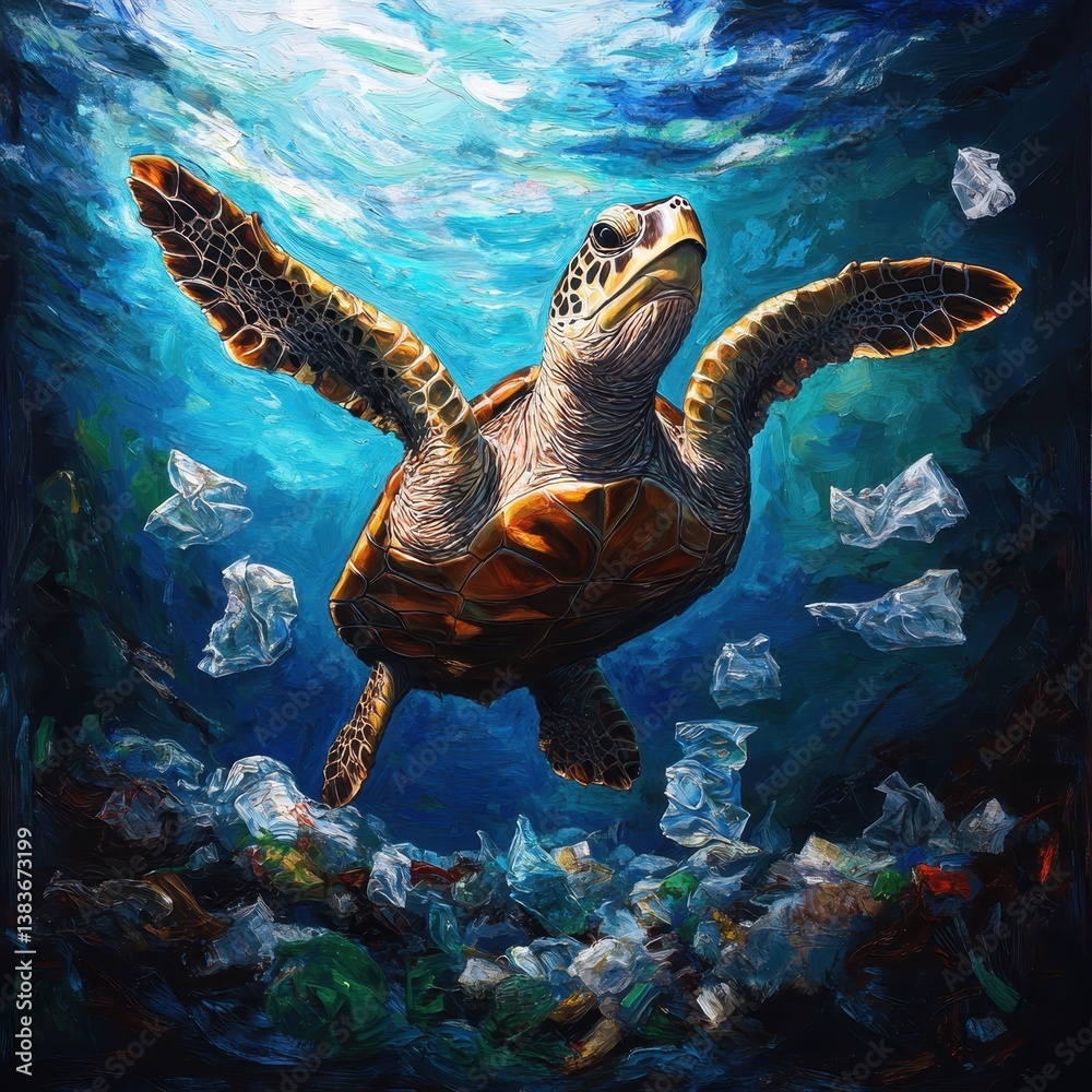 Naklejka premium A sea turtle swimming through water filled with plastic waste, showing environmental concern.