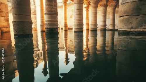 Submerged architectural marvel: Reflections and ruins in tranquil waterscape photo