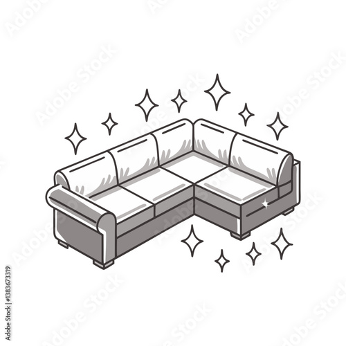 Modern sectional sofa vector with cushioned seats and sparkling accents, clean isometric outline in a stylish interior design.