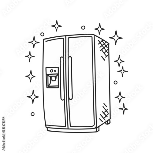 Cute retro fridge vector with rounded doors and sparkling accents, clean black outline in a nostalgic minimalist style.