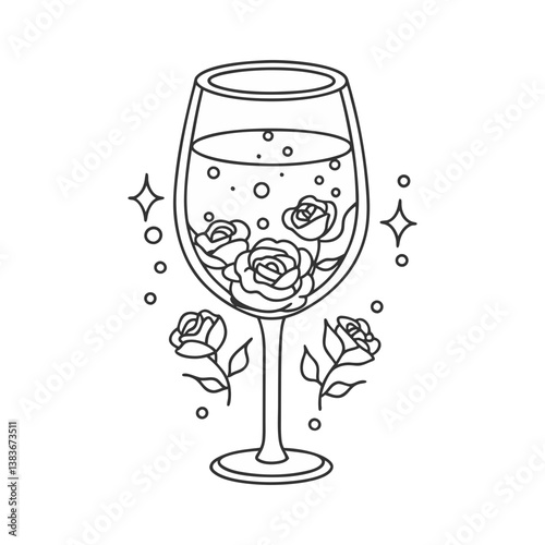 Romantic wine glass vector with floating roses and bubbles, elegant black outline with sparkling decorative elements.