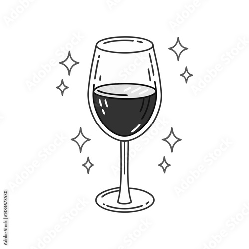Elegant wine glass vector with sparkling details, minimalist black line design on a clean white background.