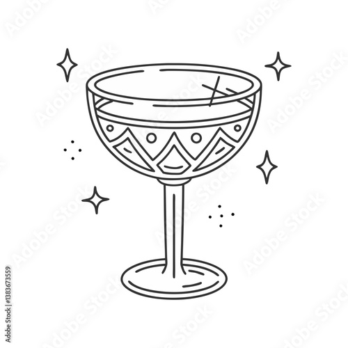Decorative cocktail glass vector with geometric patterns and sparkling accents, elegant black outline on white background.