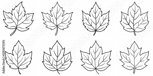 Autumn Leaves Outline Coloring Book Page Line Art Drawing Set White Background

