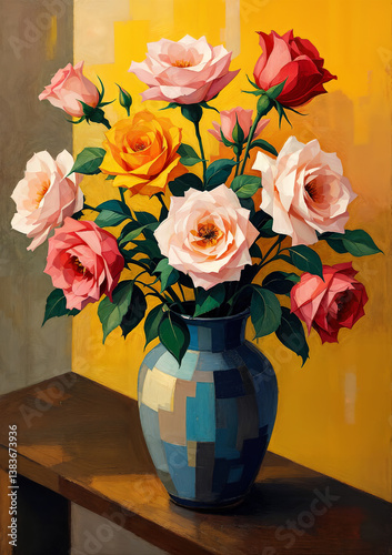 Still life with a bouquet. Modern abstraction with cubist elements. Oil painting on canvas. There are age-related cracks and traces of solvent on the coating.