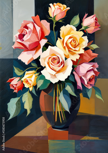 Still life with a bouquet. Modern abstraction with cubist elements. Oil painting on canvas. There are age-related cracks and traces of solvent on the coating.