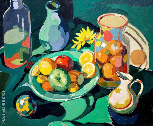 Still life with fruits. Modern abstraction with cubist elements. Oil painting on canvas. There are age-related cracks and traces of solvent on the coating.