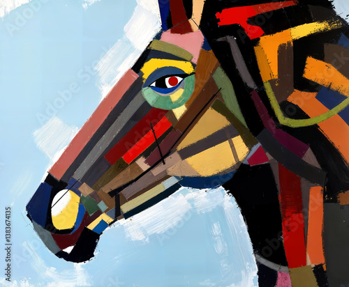 Horse. Modern abstraction with cubist elements. Oil painting on canvas. There are age-related cracks and traces of solvent on the coating.