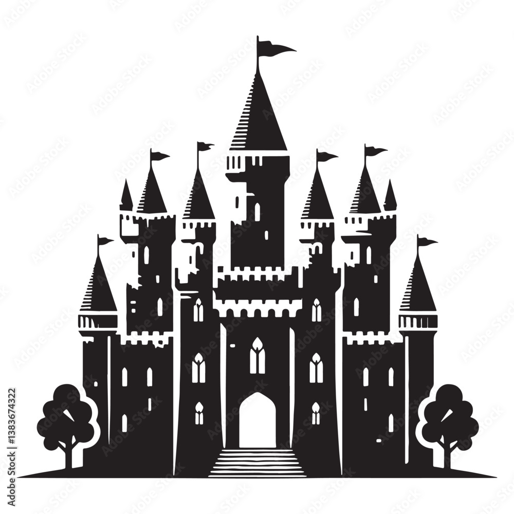 Fototapeta premium Royal Medieval Castle silhouette, showcasing towering turrets and majestic stonework – Castle illustration – Castle vector – Royal fortress silhouette
