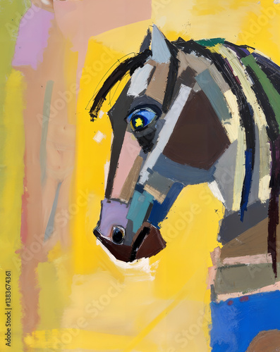 Horse. Modern abstraction with cubist elements. Oil painting on canvas. There are age-related cracks and traces of solvent on the coating.