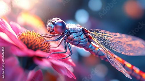A vibrant dragonfly perched on a beautiful pink flower.