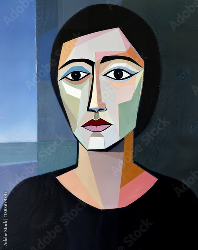 The face of a stranger. Modern abstraction with cubist elements. Oil painting on canvas. There are age-related cracks and traces of solvent on the coating.