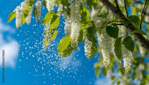 pollen flies from flowering birch branches from small white flowers against the blue sky allergic reaction