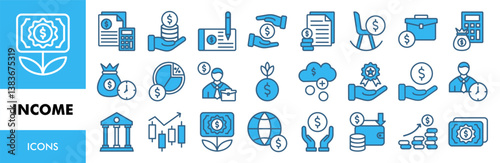 Income icon set vector concept illustration. Containing icon of money, tax, earnings, payment, accounting, paycheck, work, pension and wages icons. Line blue Color icon symbol collection. budget