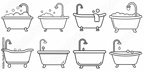 Bathtub Outline Coloring Book Page Line Art Drawing Set White Background