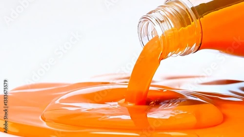A vibrant orange liquid pouring from a bottle, creating a glossy puddle on a white surface