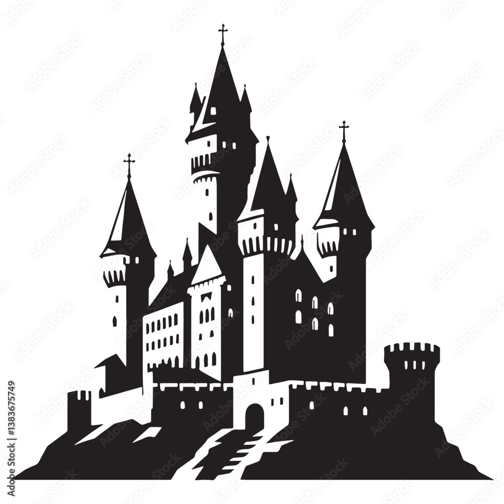 Obraz premium Majestic Medieval Castle silhouette, showcasing grand towers and stone walls – Castle illustration – Castle vector – Medieval fortress silhouette