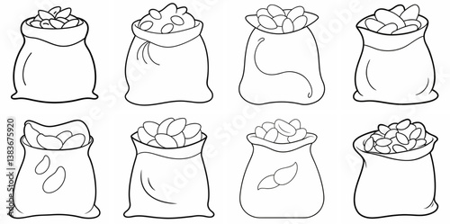 Beans in a Bag Outline Coloring Book Page Line Art Drawing Set White Background