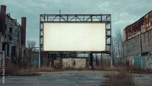 Movie still of an industrial outdoor billboard, an empty white canvas surrounded by factory buildings