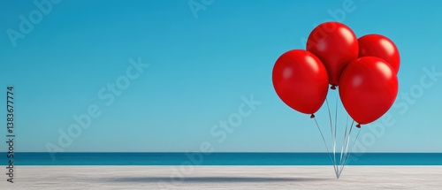Red balloons floating against a clear blue sky and tranquil sea.